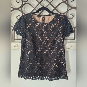 Talbots Black Lace Blouse with Tan Shell Size 6